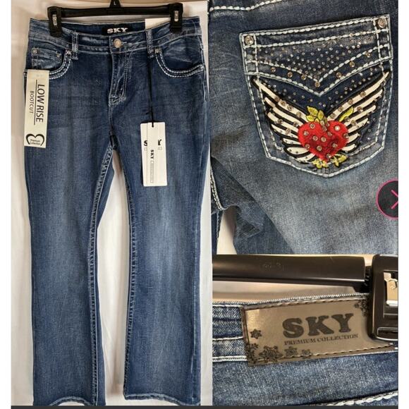 Sky Premium Collection Jeans 11/30 Stone Embellished Bootcut Angel Wings Heart - Picture 1 of 9